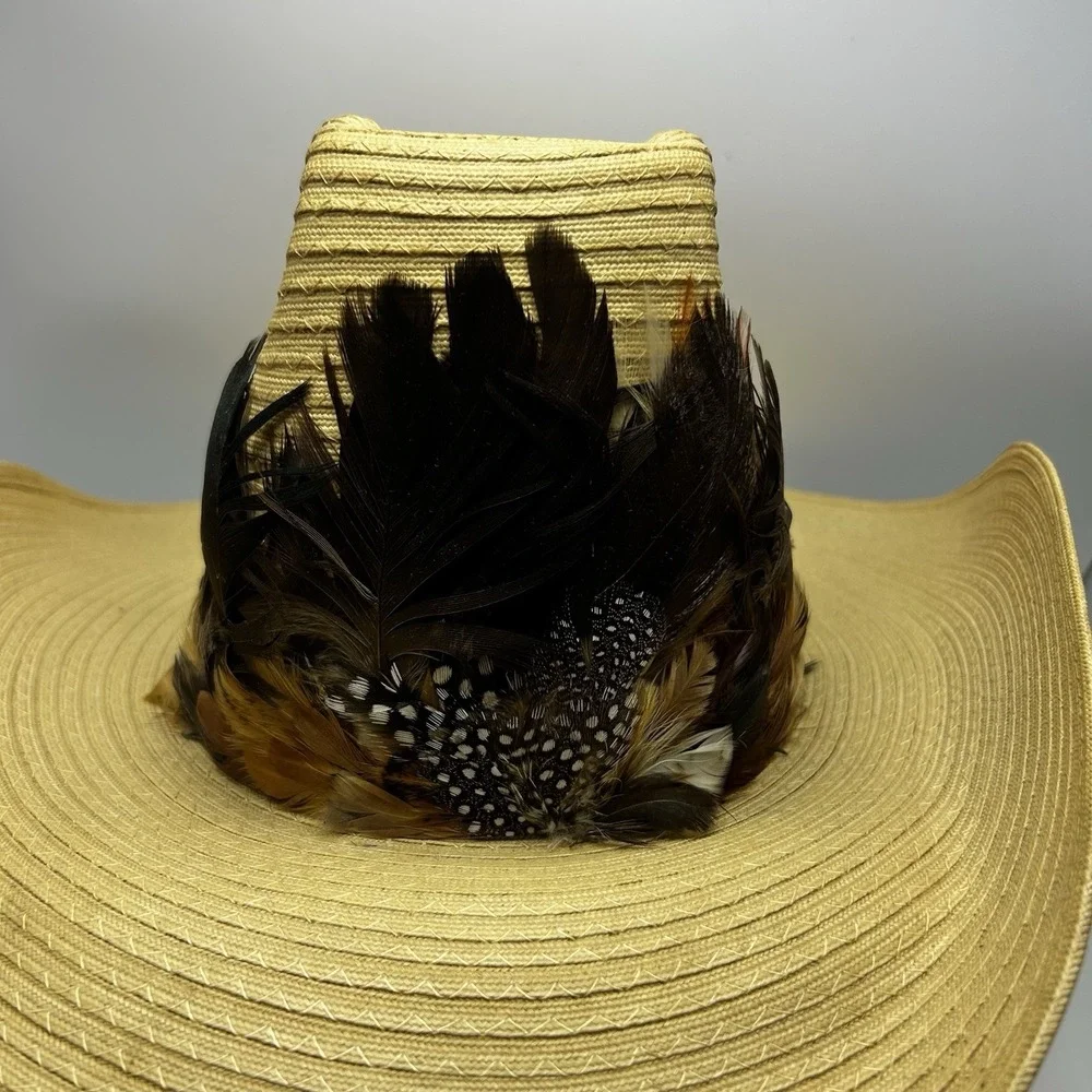 Straw Cowboy Hat Laredo Texas Western Beige Feather Hat Band Mens Womens 6 7/8